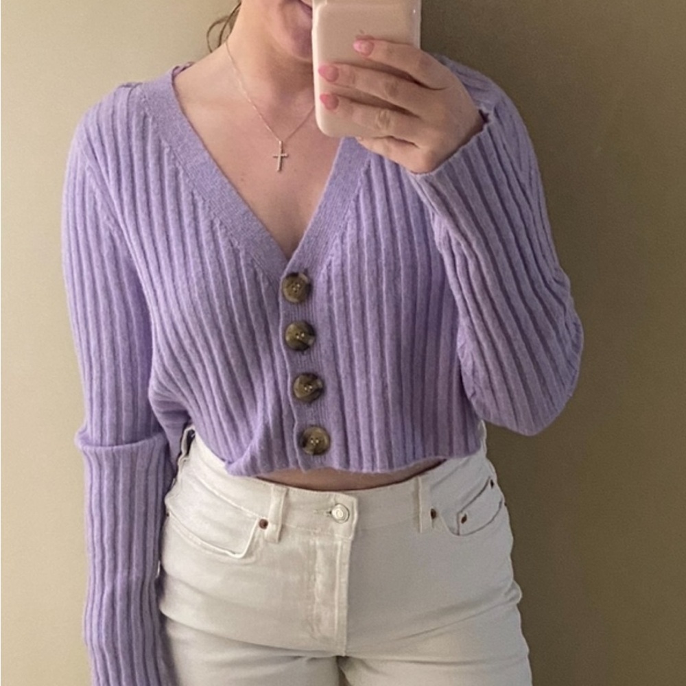 Purple Ribbed Button-Up Cardigan